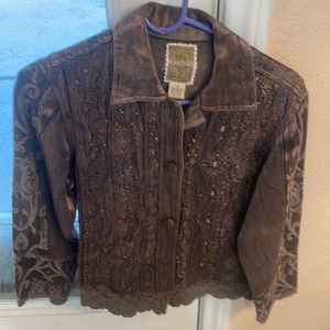 VTGFlashback brown (M)jacket crochet trim/buttons.18”pit/pit sleeve21.5length23”
